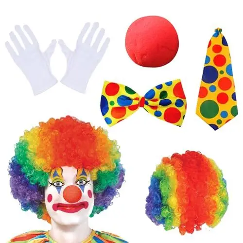 Produktbild: Lithyc 5-Teiliges Clown KostüM Set Mit Bunter Clown-PerüCke,Nase, Fliege, Krawatte und Handschuhen,Zirkus ZubehöR,für Damen Herren KarnevalskostüMe