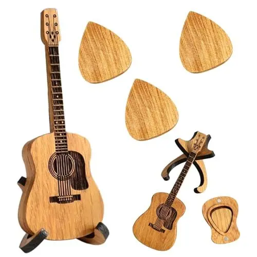 Produktbild: Lithyc Holz-Plektrumbox FüR Akustikgitarre - Holz Gitarren Plektren Plektrum - Wooden Acoustic Guitar Pick Box - Gitarrenplektrenhalter Mit 3 Gitarrenplektren – FüR E-Bass, Gitarre – Holzfarbe