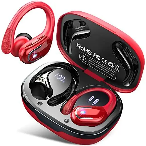 Produktbild: Litinst Bluetooh Kopfhörer Sport, Kabellos Bluetooh 5.3 Stereo mit Mic, 75std Spielzeit, Dual LED Anzeige Wireless, IP7 Wasserdicht USBC In-Ear Ohrhörer mit Ohrhaken für Sport, Rot