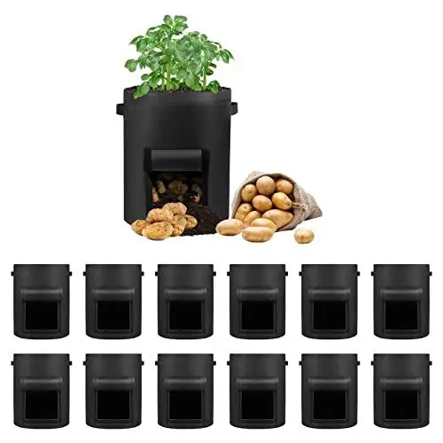 Produktbild: LITLANDSTAR 12 Stück 10 Gallonen Kartoffel Pflanzsack, Kartoffel Pflanzsack aus Vliesstoff mit Sichtbarer Klappe und Griffen für Pflanze Tomaten, Kartoffeln, Gemüse und Blumen（35 x 40 cm, Schwarz）