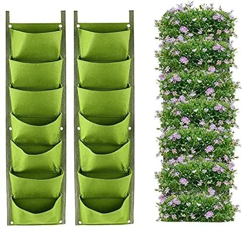 Produktbild: LITLANDSTAR Hängende Pflanzbeutel, 2er Pack 7 Taschen Hängende vertikale Wand Pflanzer Pflanzen Wachsen Taschen Outdoor Indoor Gartenarbeit Vertikale Begrünung Blumenbehälter (Grün)