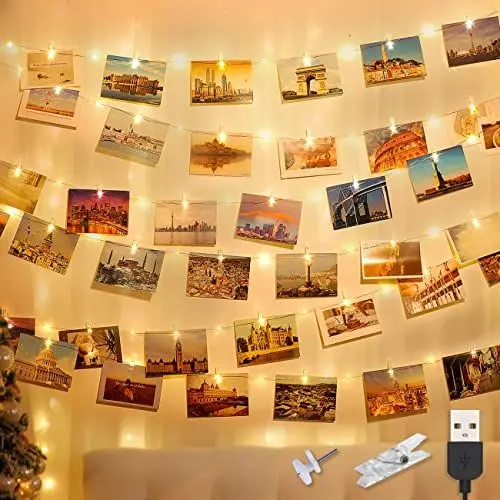 Produktbild: litogo 12M 120LED Fotoclips Lichterkette, USB, für Zimmer Deko Fotos Wand mit 60 Klammern Bilder für Wohnzimmer, Weihnachten, Hochzeiten, Party Warmweiß