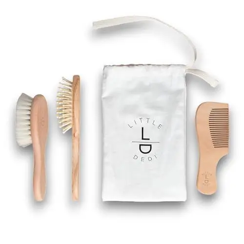 Produktbild: Little Dedi 3'er Set Baby Haarbürste – Natürliche Ziegenhaarbürste & Bambusborsten, Buchenholz-Kamm, Baumwolltasche – Sanfte Pflege für Neugeborene & Kleinkinder, Geschenkfertig
