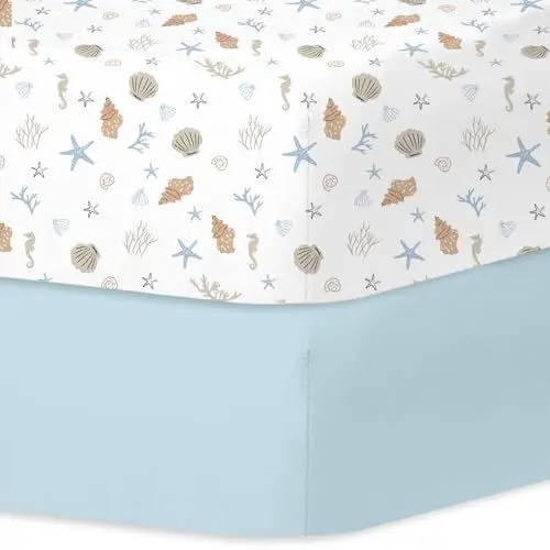 Produktbild: Little Grape Land 2er Pack Spannbettlaken Babybett 70×140 cm – Mikrofaser, weich & atmungsaktiv, Rundumgummi, pflegeleicht, Muscheln / Muschelblau