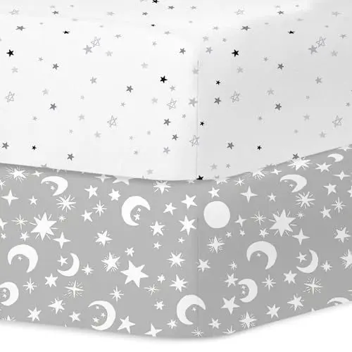 Produktbild: Little Grape Land Kinderbettlaken für Jungen und Mädchen, 2er-Pack Spannbettlaken für 60x120cm Matratzen, superweiches und atmungsaktives Mikrofaser-Baby-Laken, Stern/Himmel