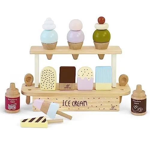 Produktbild: Little Log Eisständer aus Holz Eistheke Eiscreme-Set Holzspielzeug-Lebensmittel Kinderküche Kaufmannsladen Zubehör Kinder Rollenspiel-Geschenke für Jungen Mädchen ab 3 Jahren