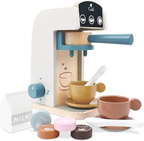 Produktbild: Little Log Holz Kaffeemaschine Set, Kaffeemaschine Spielset - Holz Deluxe Spielküchenset mit Zubehör (13 Stück)