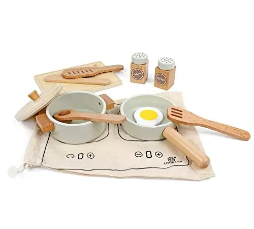 Produktbild: Little Log Holz Teiliges Kochset Töpfe und Pfannen Set Kinder Kochutensilien Rollenspiel für kinderküche zubehör Spielküche Geschenk für Jungen und Mädchen ab 3 Jahre