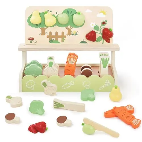 Produktbild: Little Log Holzspielzeug Spielgarten Set Holzlebensmittelspielzeug Gartenbauset Kinderspielküchenzubehör Rollenspiel Holzschneiden von Lebensmitteln Obst und Gemüse Geschenke für Mädchen Jungen ab 3