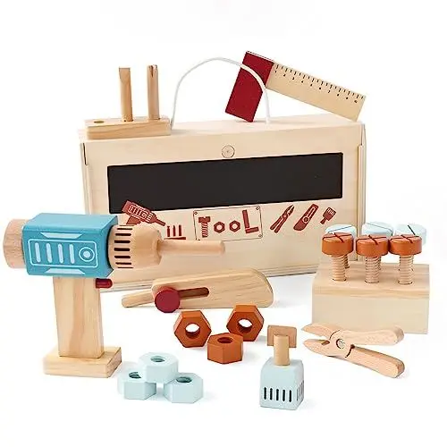 Produktbild: Little Log Werkzeugkoffer Kinder werkbank Holzspielzeug Werkzeugkasten mit Bohrer Rollenspiel Holzwerkzeugen konstruktionsspielzeug Geschenke für 3 jährige Jungen und Mädchen