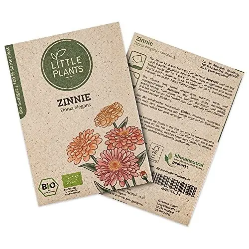 Produktbild: Little Plants BIO Zinnien Samen, 35 Zinniensamen, hohe Keimrate, 100% Natürlich, BIO Samen Zinnien Mischung für Blumengarten, Blumenbeet, Hochbeet – BIO Blumensamen Nachhaltig