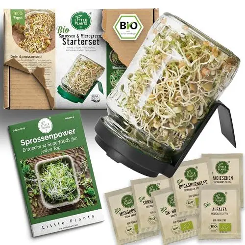 Produktbild: Little Plants Sprossenglas Set + 6 x Bio Sprossen Samen in 5 verschiedenen Farben inkl. Sprossen Ebook Keimglas (Anthrazit)
