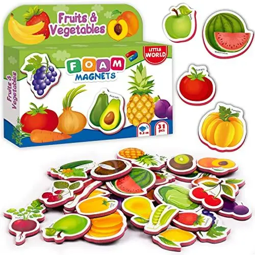 Produktbild: Little World 31 Magnete Kinder für Magnettafel - Kühlschrankmagnete Kinder - Magneten Kinder Spielzeug - Magnete Kinder Kühlschrank - Magnetisches Früchte und Gemüse - Kinder Magnete für 3