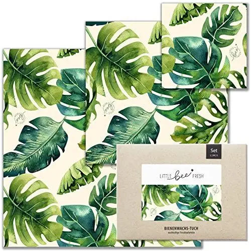Produktbild: little bee fresh Bio-Bienenwachstücher Starter-Set aus Deutschland - Wachspapier für Lebensmittel - natürlich & plastikfrei frisch - Handgemachtes Wachstuch aus Bio-Rohstoffen S/M/L (Jungle grün)
