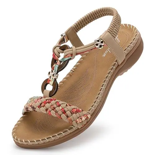 Produktbild: Littleplum Sandalen Damen Freizeit Flach Sandalette Handarbeit mit Strass Perlen Bohemia Strand Schuhe,A Beige 42 EU