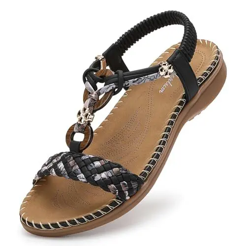 Produktbild: Littleplum Sandalen Damen Freizeit Flach Sandalette Handarbeit mit Strass Perlen Bohemia Strand Schuhe,A Schwarz 40 EU