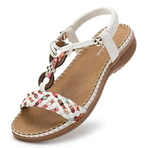 Produktbild: Littleplum Sandalen Damen Freizeit Flach Sandalette Handarbeit mit Strass Perlen Bohemia Strand Schuhe,A Weiß 40 EU
