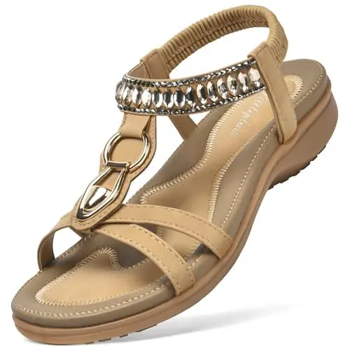 Produktbild: Littleplum Sandalen Damen Freizeit Flach Sandalette Handarbeit mit Strass Perlen Bohemia Strand Schuhe,B Beige 37 EU