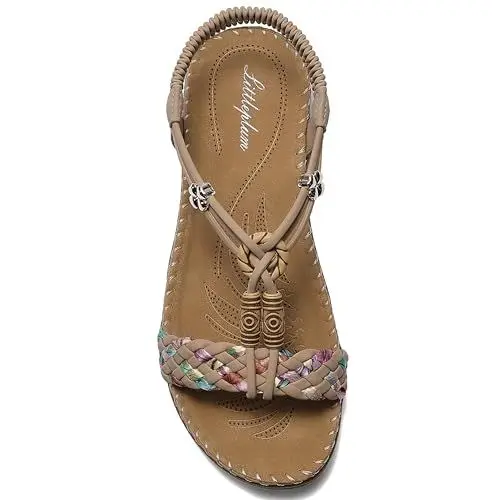 Produktbild: Littleplum Sandalen Damen Freizeit Flach Sandalette Handarbeit mit Strass Perlen Bohemia Strand Schuhe,B Beige 41 EU