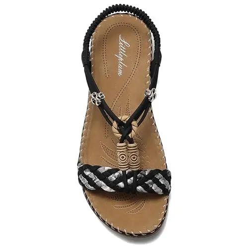 Produktbild: Littleplum Sandalen Damen Freizeit Flach Sandalette Handarbeit mit Strass Perlen Bohemia Strand Schuhe,B Schwarz 42 EU