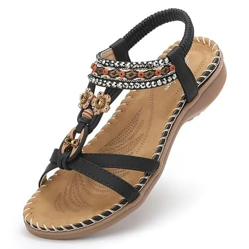 Produktbild: Littleplum Sandalen Damen Sommer Freizeit Flache Sandalette Bohemia Sandals mit Strass Perlen Freizeit Elegant Strand Schuhe,B Schwarz 39 EU