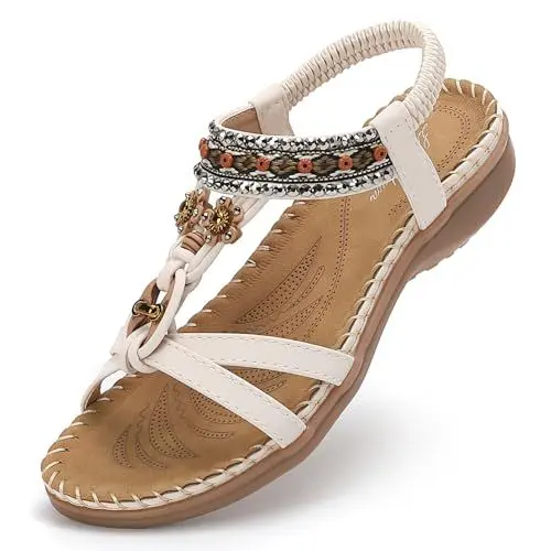 Produktbild: Littleplum Sandalen Damen Sommer Freizeit Flache Sandalette Bohemia Sandals mit Strass Perlen Freizeit Elegant Strand Schuhe,B Weiß 39 EU