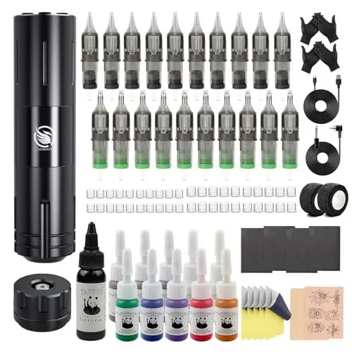 Produktbild: LIUMATE Wireless Maschine Pen Set 1800mAh Kabellose Rotary Battery Pen Maschine Complete Maschine Set mit 20 Stück Cartridges 11 Tinte für Künstler und Professional Anfänger