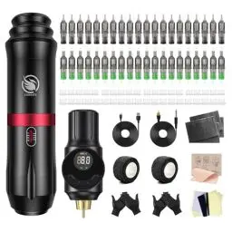 Produktbild: LIUMATE Complete Maschine Set with Wireless Battery Power Supply Rotary Pen Set with 40pcs Cartridge Needles 40 Ink Cups Transfer Paper for Beginners and Artists
