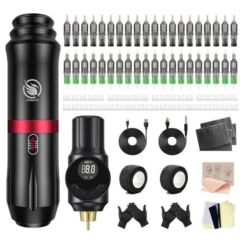 Produktbild: LIUMATE Complete Maschine Set with Wireless Battery Power Supply Rotary Pen Set with 40pcs Cartridge Needles 40 Ink Cups Transfer Paper for Beginners and Artists