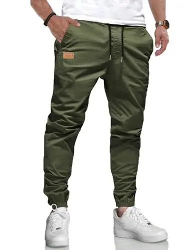 Produktbild: LIUPMWE Herren Hose Chino Cargohose Jogginghose Baumwolle Casual Sporthose Sweatpants Herren mit Taschen Freizeithose Elastische Taille mit Kordelzug,M,Grün