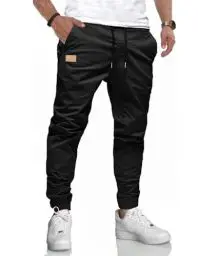Produktbild: LIUPMWE Herren Hose Chino Cargohose Jogginghose Baumwolle Casual Sporthose Sweatpants Herren mit Taschen Freizeithose Elastische Taille mit Kordelzug,L,Schwarz