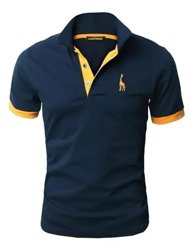 Produktbild: LIUPMWE Poloshirt Herren Kurzarm Baumwolle Einfarbig Basic Golf T-Shirt Giraffe Stickerei Polohemd Sommer,Blau-07,L