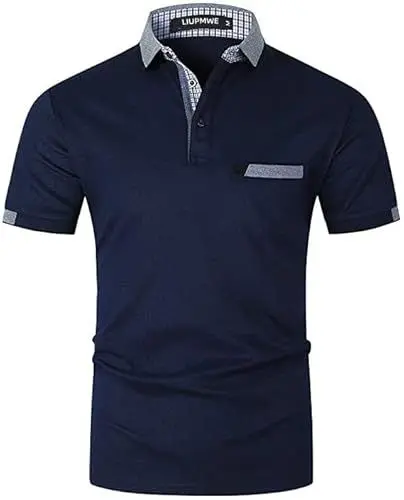 Produktbild: LIUPMWE Poloshirt Herren Kurzarm Baumwolle mit Brusttasche Polohemd Regular Fit Basic Streifen Tennis Golf T-Shirt,Navyblau,M