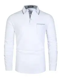 Produktbild: LIUPMWE Poloshirt Herren Langarm Baumwolle Regular Slim Fit Plaid Klassisch Kariert Kragen Golf Polohemd M-3XL,Weiß-30,XXL