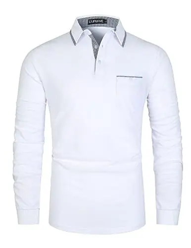 Produktbild: LIUPMWE Poloshirt Herren Langarm Baumwolle Regular Slim Fit Plaid Klassisch Kariert Kragen Golf Polohemd M-3XL,Weiß-30,XXL