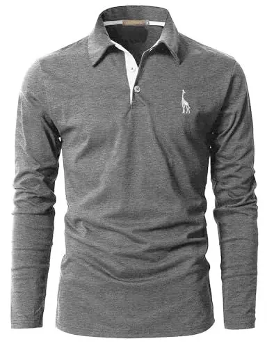 Produktbild: LIUPMWE Poloshirt Herren Langarm Polohemd Giraffe Stickerei Einfarbig Slim Fit T-Shirt M-3XL,Grau+Weiß,XXL