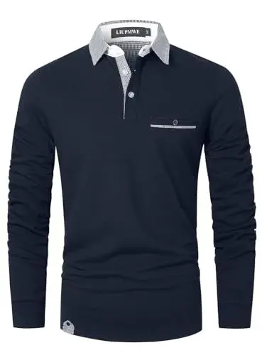 Produktbild: LIUPMWE Poloshirt Herren Langarm Polos Slim Fit Klassisch Kariert Kragen Baumwolle Golf T-Shirts Casual Polo Shirts,Blau-12,M