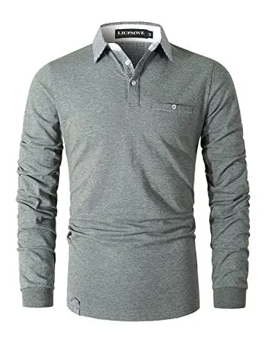 Produktbild: LIUPMWE Poloshirt Herren Langarm Polos Slim Fit Klassisch Kariert Kragen Baumwolle Golf T-Shirts Casual Polo Shirts,Grau-12,M