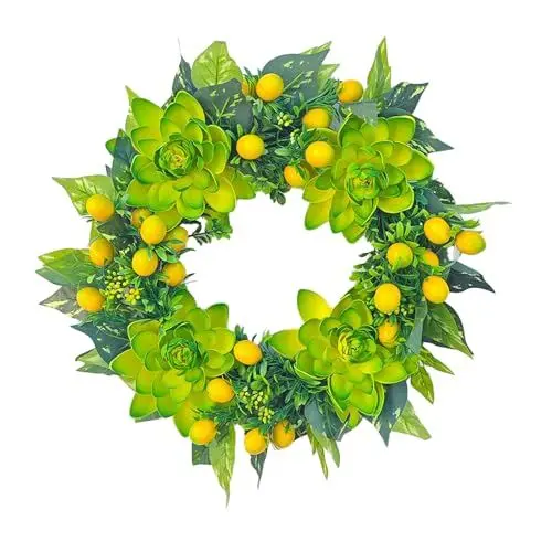 Produktbild: INIFLM Frühlings-Sommer-Zitronen-Eukalyptus-Kranz, Gelber Zitronenkranz für die Haustür, Obstkranz mit Gelber Zitrone und Künstlichen Grünen Blättern für die Heimdekoration