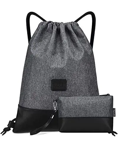 Produktbild: LIVACASA Turnbeutel Hipster Sportbeutel Wasserabweisend Mit Leder Gym Beutel Gefüttert Mit Innentasche Schlüsselbund Damen Gym Bag Herren Tüte Rucksack Außentasche Gymsack Grau mit Geldtasche