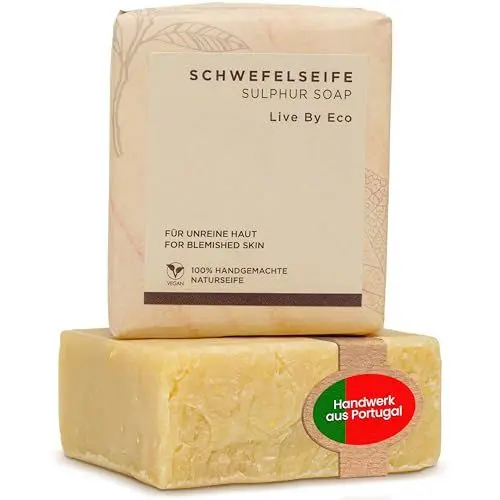 Produktbild: Live By Eco Schwefelseife für unreine Haut Gesicht - Akneseife für klare Haut - Schwefel Seife als Porenreiniger - handgemachte Naturseife - lindert Hautentzündungen - vegane Gesichtsreinigung - 100g