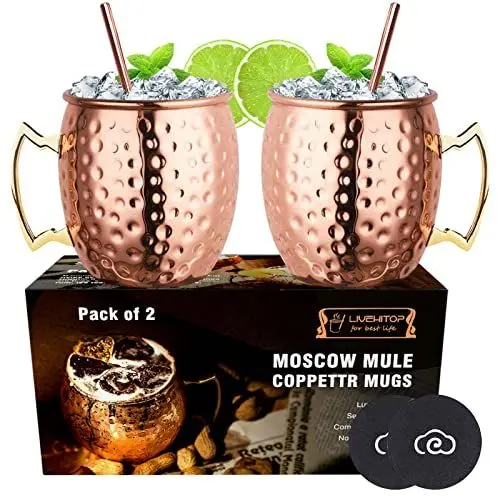 Produktbild: LIVEHITOP Moscow Mule Kupfer Becher Set of 2,19.5 Oz Kupferbecher mit Untersetzer for Cocktail, Wein, Kaltes Getränk, Bar, Party, Geschenk