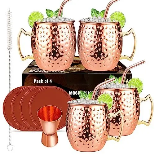Produktbild: LIVEHITOP Moscow Mule Kupferbecher Set mit 4 Stück, 19.5 Unzen Kupferbecher mit 4 Untersetzern, 4 Strohhalmen, Jigger & Strohbürste, Sein & Ihr Geschenk für Zuhause, Bar, Party