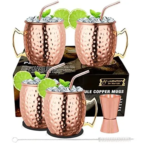 Produktbild: LIVEHITOP Moscow Mule Tassen, 4 Stück, 4 Stück, Kupferbecher mit 4 Unterkatastern, 4 Strohhalmen, Pinsel Jigger und Stroh, Tasse Geschenk Set für Haus, Bar, Party (4)