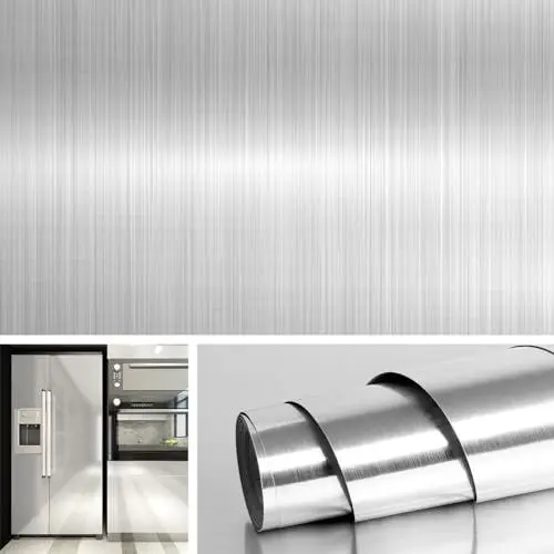 Produktbild: Livelynine 5M X 90 CM Breit Klebefolie Edelstahl Gebürstet Deko Selbstklebend Klebefolie Küche Folie Tapete Silber Metallfolie für Küche Kühlschrank Geschirrspüler Küchenklebefolien Arbeitsplatte
