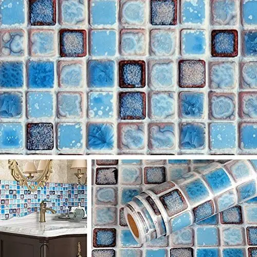 Produktbild: Livelynine 40CMx10M Fliesenaufkleber Bad Wasserfest Mosaikfliesen Selbstklebend Blau Fliesenfolie Badezimmer Rolle Klebefliesen Bad Boden Tapete Badezimmer Klebefolie Fliesen Optik PVC Folie Muster