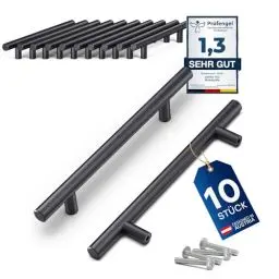 Produktbild: LIVING-TEC Schrankgriffe 10 Stück 128mm schwarz - Hochwertige Möbelgriffe aus Edelstahl - Griffe für Küchenschränke, Küche, Möbel, Schränke - Küchengriffe im runden Design - Möbelgriff Metall