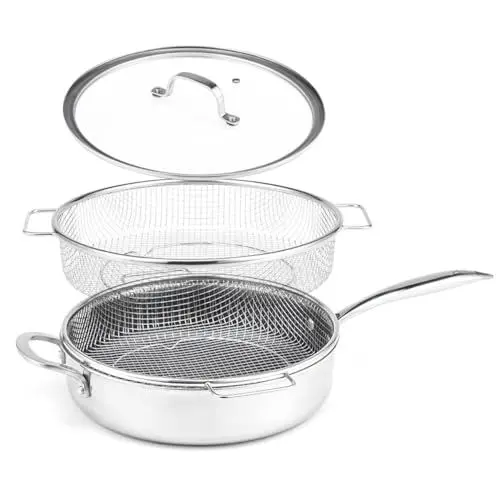 Produktbild: LIVINGTON Titan Pan Pfanne – beschichtete Edelstahl Pfanne 24cm mit Diamant-Antihaft-Veredelung – backofenfeste Hochrandpfanne für alle Herdarten - inkl. Frittierkorb