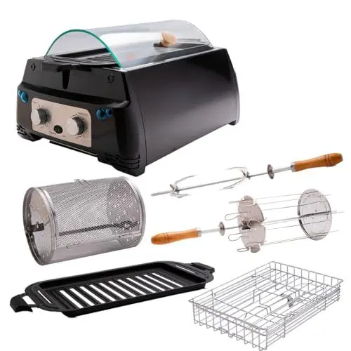 Produktbild: Livington Rotisserie Chef Mega Set - Indoorgrill, Drehgrill und Tischgrill mit umfangreichem Zubehör - Drehspieß für Hähnchen - Elektrogrill - Schaschlikspieß - Drehkorb - fettarmes Grillen - 1780 W