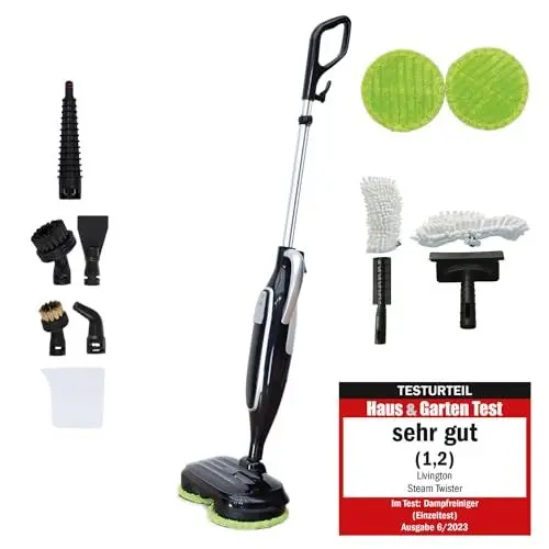 Produktbild: Livington Steam Twister schwarz - Mega Spar Set - rotierender Dampfreiniger inkl. Reinigungsaufsätze & Ersatzpads - Dampfbesen & Handdampfreiniger - elektrischer Bodenwischer - Mop